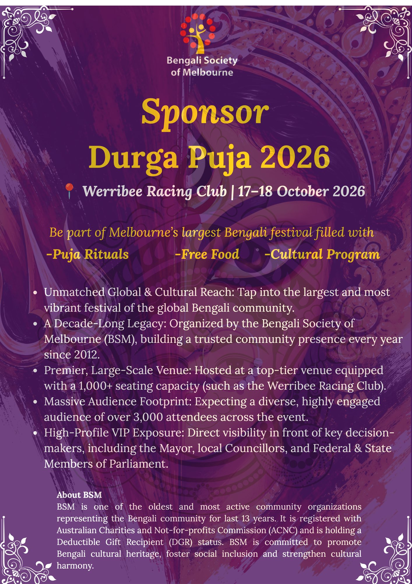 Sponsor Durga Puja 2026 — Werribee Racing Club, 17–18 October 2026: why sponsor, and about BSM